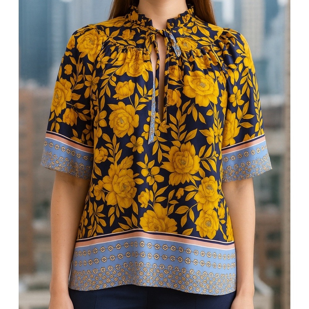 Lavender Brown Floral Tie Neck Blouse Navy Blue Yellow, Small USA | Office, Work